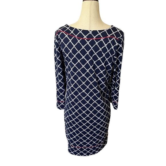 Lands End Navy + White Trellis Design Stretchy Long Sleeve Dress Small - Picture 2 of 5